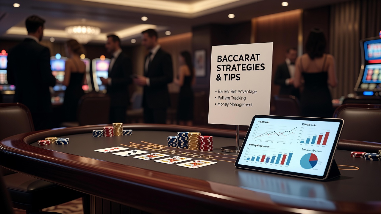 Detailansicht einer Baccarat-Sitzung mit Fokus auf Strategiekarten und Einsatzchips