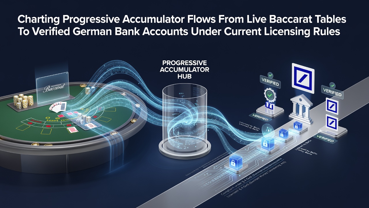 Diagramm der Akkumulatorflüsse von Live-Baccarat-Tischen zu deutschen Bankkonten unter Lizenzregeln