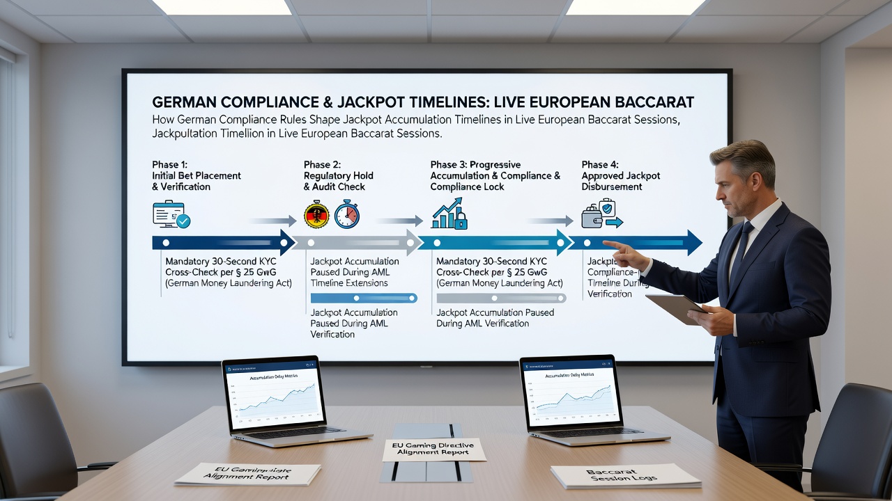 Detailansicht eines Live-Baccarat-Tisches mit Compliance-Monitoring und Jackpot-Anzeige in einem deutschen regulierten Casino